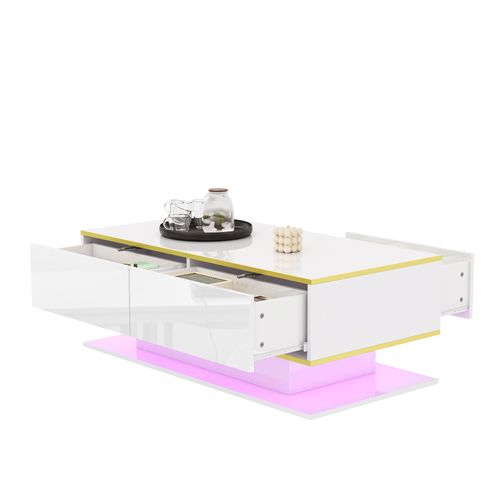 Table Basse LED Moderne, Bordure Dorée, Table Basse Blanc Avec Trois Tiroirs