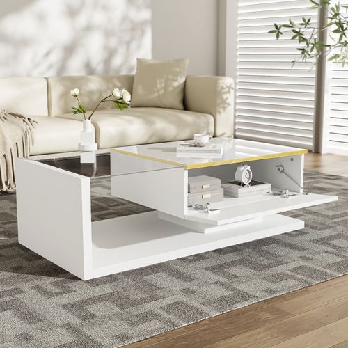 Table Basse Avec LED Réglable, Table Basse Rectangulaire Plateau En Verre Trempé, Blanc