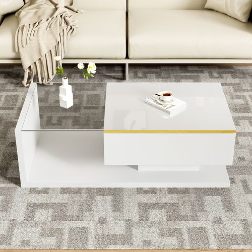 Table Basse Avec LED Réglable, Table Basse Rectangulaire Plateau En Verre Trempé, Blanc
