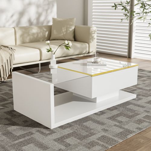 Table Basse Avec LED Réglable, Table Basse Rectangulaire Plateau En Verre Trempé, Blanc