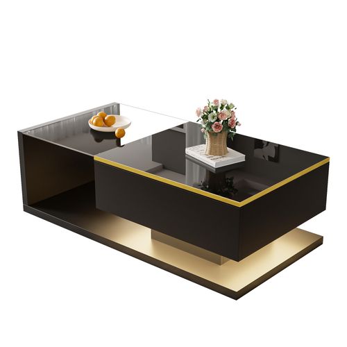 Table Basse Avec LED Réglable, Table Basse Rectangulaire Plateau En Verre Trempé, Noir