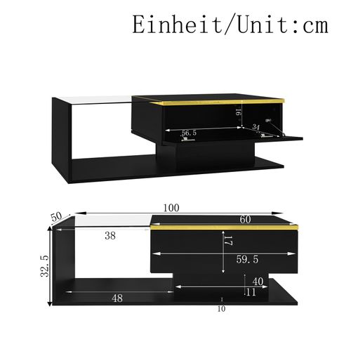 Table Basse Avec LED Réglable, Table Basse Rectangulaire Plateau En Verre Trempé, Noir