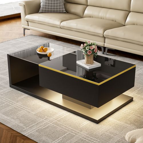 Table Basse Avec LED Réglable, Table Basse Rectangulaire Plateau En Verre Trempé, Noir
