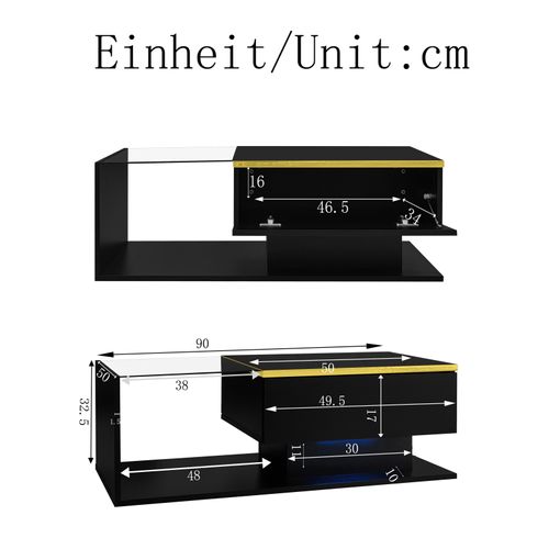 Table Basse Avec Lumière LED Réglable, Table Basse Rectangulaire Plateau En Verre Trempé, Noir