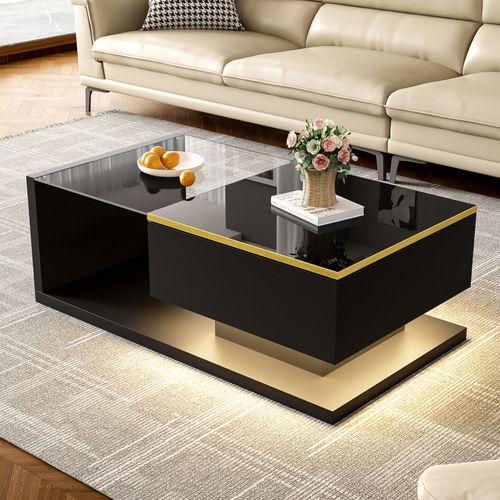 Table Basse Avec Lumière LED Réglable, Table Basse Rectangulaire Plateau En Verre Trempé, Noir