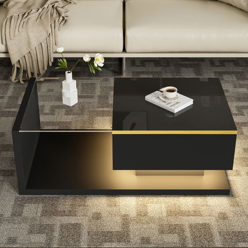 Table Basse Avec Lumière LED Réglable, Table Basse Rectangulaire Plateau En Verre Trempé, Noir
