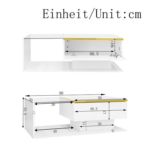 Table Basse Avec Lumière LED Réglable, Table Basse Rectangulaire Plateau En Verre Trempé, Blanc