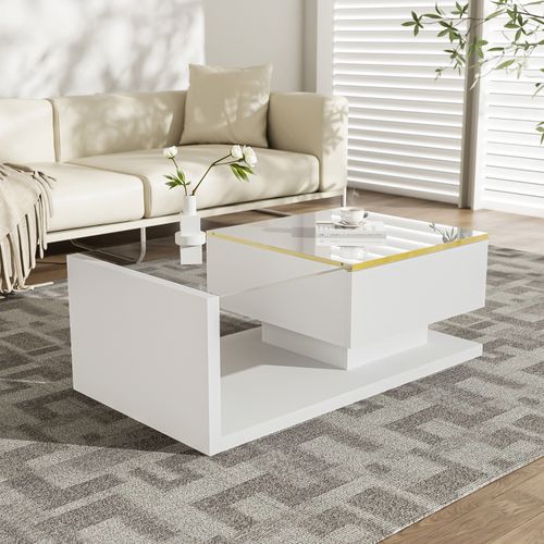 Table Basse Avec Lumière LED Réglable, Table Basse Rectangulaire Plateau En Verre Trempé, Blanc