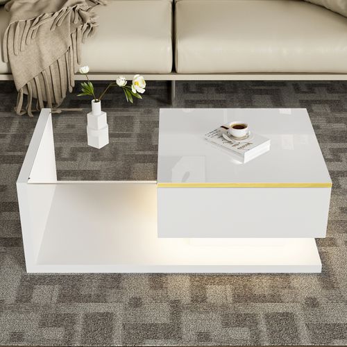 Table Basse Avec Lumière LED Réglable, Table Basse Rectangulaire Plateau En Verre Trempé, Blanc