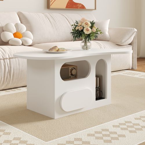 Table Basse En Forme De Nuage Avec Tiroirs Incurvés, Compartiments De Rangement Ouverts, Blanc