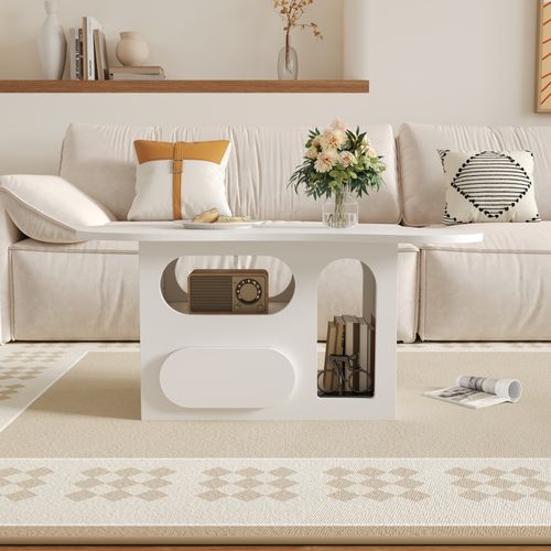 Table Basse En Forme De Nuage Avec Tiroirs Incurvés, Compartiments De Rangement Ouverts, Blanc