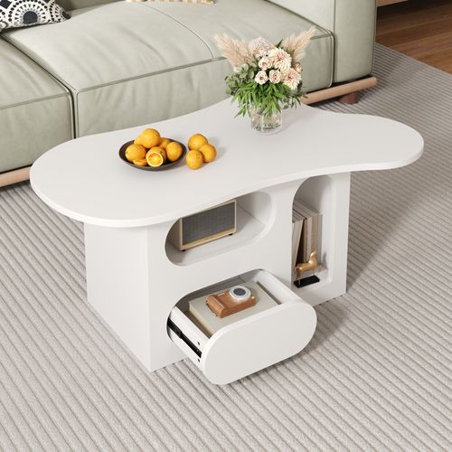Table Basse En Forme De Nuage Avec Tiroirs Incurvés, Compartiments De Rangement Ouverts, Blanc
