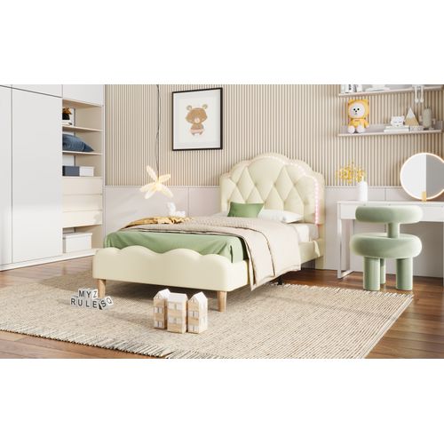 Lit D'enfant 90 X 200 Cm, Avec Tête De Lit Ondulée, LED, Lit Simple, Lattes En Bois, Blanc