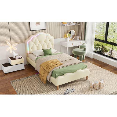 Lit D'enfant 90 X 200 Cm, Avec Tête De Lit Ondulée, LED, Lit Simple, Lattes En Bois, Blanc