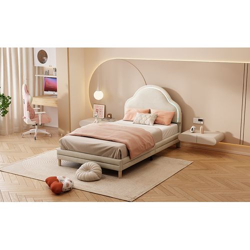 Lit Pour Enfant Avec Tête De Lit Nuageuse Et Bandes LED, Lit Simple, 90 X 200 Cm, Beige