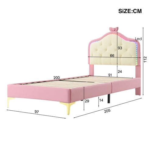 Lit Pour Enfant Rembourré 90 X 200 Cm, LED, Cadre De Lit Avec Nœuds Et Sommier à Lattes, Rose