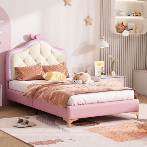 Lit Pour Enfant Rembourré 90 X 200 Cm, LED, Cadre De Lit Avec Nœuds Et Sommier à Lattes, Rose