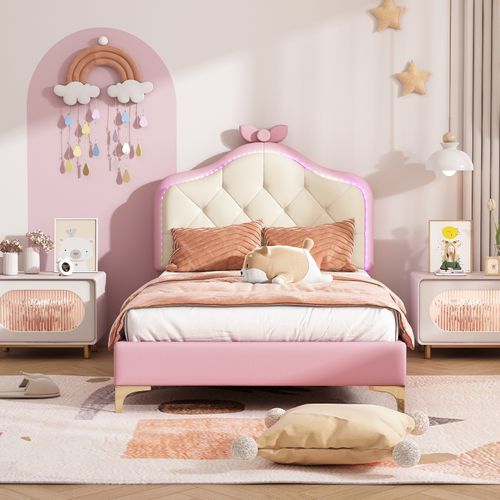 Lit Pour Enfant Rembourré 90 X 200 Cm, LED, Cadre De Lit Avec Nœuds Et Sommier à Lattes, Rose