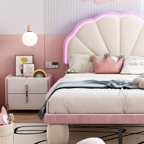 Lit Une Personne 90x200 Avec Bande LED, Rembourré Avec Sommier à Lattes Et Pieds Arrondis, Rose