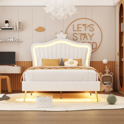 Lit Pour Enfant Rembourré à LED, 90 X 200 Cm, Sommier à Lattes Et Tête De Lit Réglable, Pu, Blanc