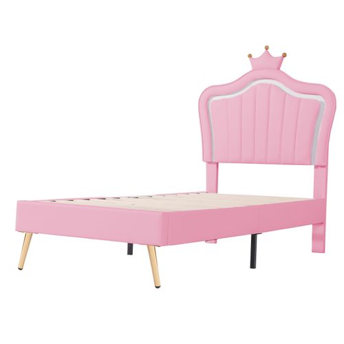 Lit Pour Enfant Rembourré à LED, 90 X 200 Cm, Sommier à Lattes Et Tête De Lit Réglable, Pu, Rose