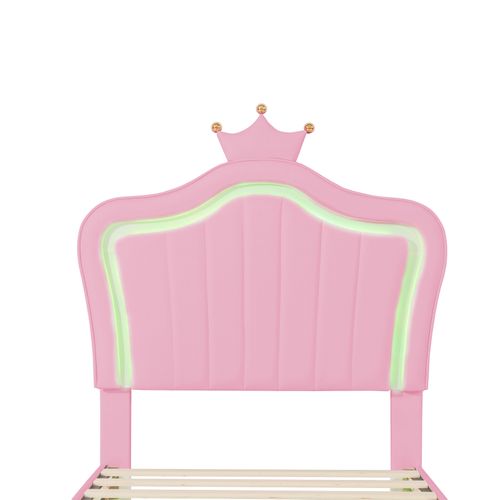 Lit Pour Enfant Rembourré à LED, 90 X 200 Cm, Sommier à Lattes Et Tête De Lit Réglable, Pu, Rose