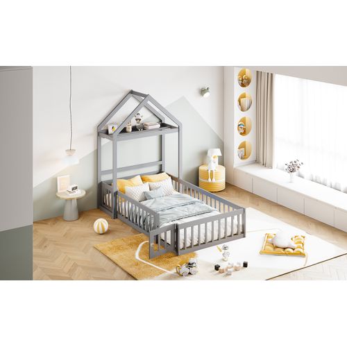 Lit Enfant 90 X 200 Cm Avec Rangement , Barrières Et Portes Entièrement Sécurisées, Gris