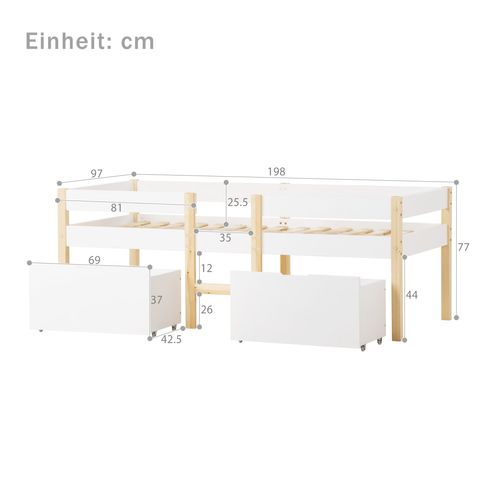Lit 90x190 Lit Enfant Avec Protection Antichute Et 2 Tiroir, Bois Massif + Mdf, Blanc