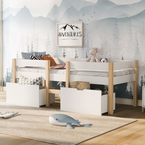 Lit 90x190 Lit Enfant Avec Protection Antichute Et 2 Tiroir, Bois Massif + Mdf, Blanc