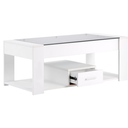 Table Basse Rectangulaire 100x50x40 Cm Avec 1 Tiroir, Plaque De Verre, Rangement, Blanc
