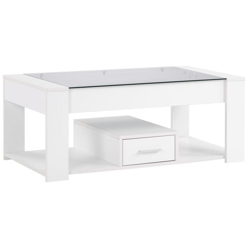 Table Basse Rectangulaire 100x50x40 Cm Avec 1 Tiroir, Plaque De Verre, Rangement, Blanc