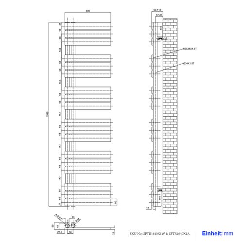 Sèche-serviettes à Eau Chaude 1599x400mm, 684w, Panneau Plat, Raccords Latéraux, Blanc