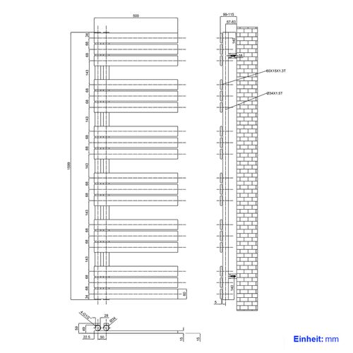 Sèche-serviettes à Eau Chaude 1599x500mm, 794w, Panneau Plat, Raccords Latéraux, Blanc