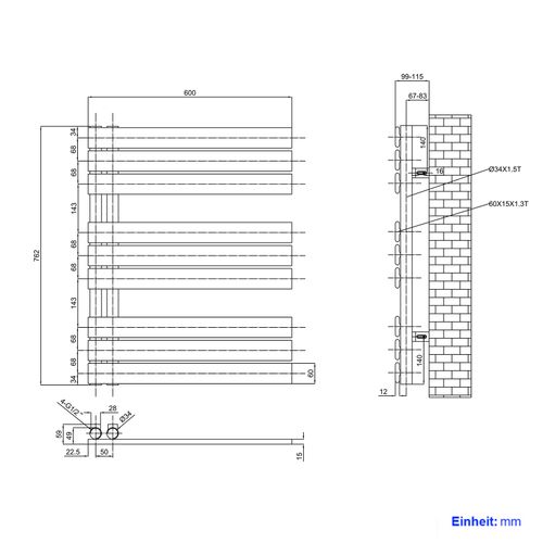 Sèche-serviettes à Eau Chaude 762x600mm, 479w, Panneau Plat, Raccords Latéraux, Anthracite