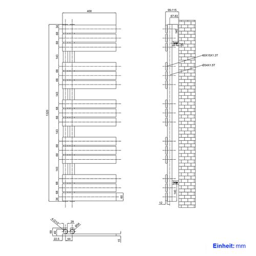Sèche-serviettes à Eau Chaude 1320x400mm, 570w, Panneau Plat, Raccords Latéraux, Anthracite