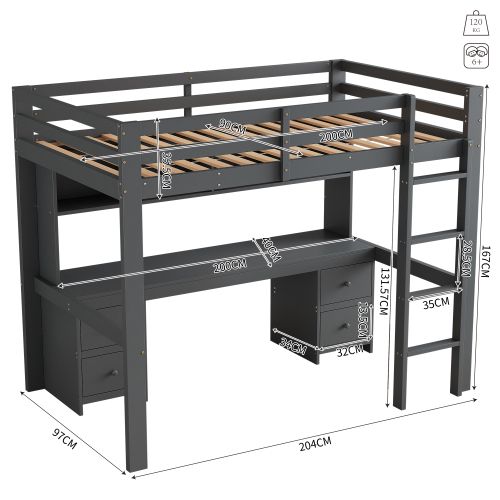 Lit Mezzanine Pour Enfant 90x200 Cm Avec Bureau Intégré Et Espace De Rangement - Couleur Gris