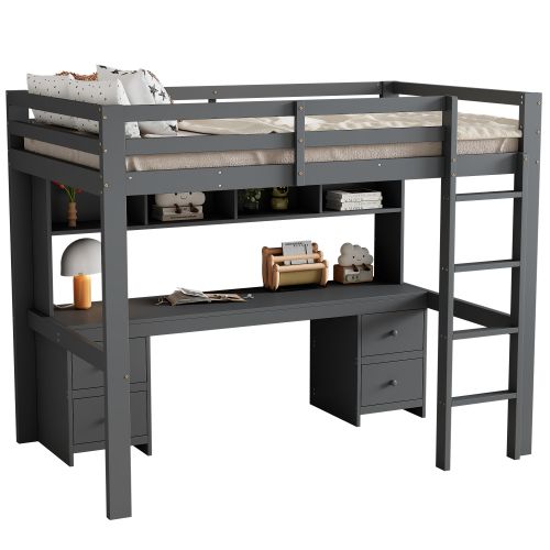 Lit Mezzanine Pour Enfant 90x200 Cm Avec Bureau Intégré Et Espace De Rangement - Couleur Gris