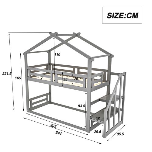Lit Pour Enfant 90x200cm, Lit Superposé Bas Avec Escalier De Sécurité, Gris