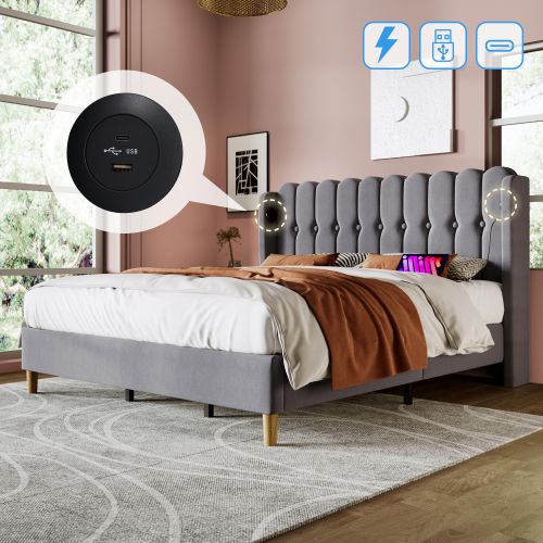 Lit Double 180x200 Cm Avec Fonction De Chargement USB De Type C, Gris