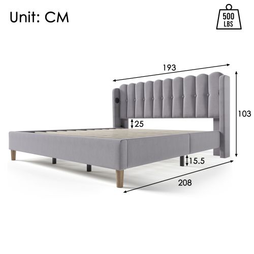 Lit Double 180x200 Cm Avec Fonction De Chargement USB De Type C, Gris