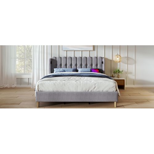 Lit Double 180x200 Cm Avec Fonction De Chargement USB De Type C, Gris