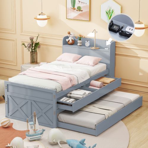 Lit Simple 90 X 190 Cm, Bois Massif, Gris, Avec Tiroirs Et USB