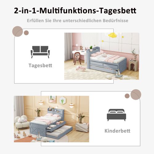 Lit Simple 90 X 190 Cm, Bois Massif, Gris, Avec Tiroirs Et USB