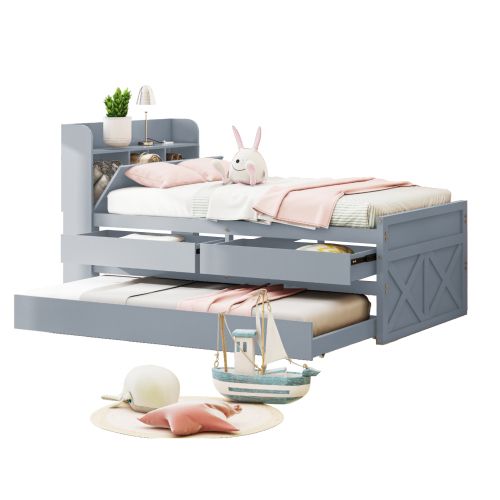 Lit Simple 90 X 190 Cm, Bois Massif, Gris, Avec Tiroirs Et USB
