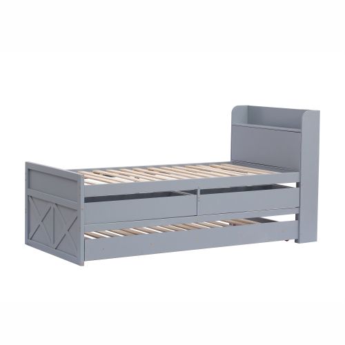 Lit Simple 90 X 190 Cm, Bois Massif, Gris, Avec Tiroirs Et USB