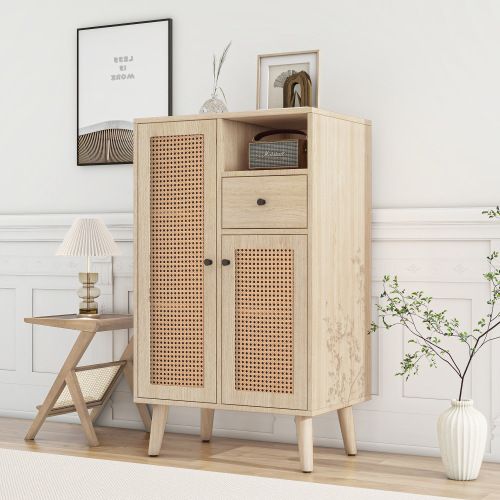 Buffet En Imitation Bois Avec 2 Portes En Rotin Et 1 Tiroir, Armoire D'angle, 60x40x101cm