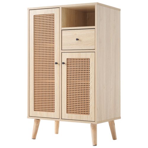 Buffet En Imitation Bois Avec 2 Portes En Rotin Et 1 Tiroir, Armoire D'angle, 60x40x101cm