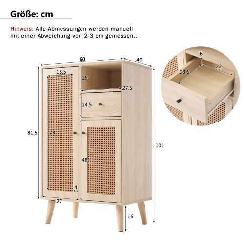 Buffet En Imitation Bois Avec 2 Portes En Rotin Et 1 Tiroir, Armoire D'angle, 60x40x101cm