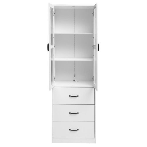 Vitrine Blanche 200 Cm Avec Tiroirs, Étagères Ajustables, Portes Vitrées, LED