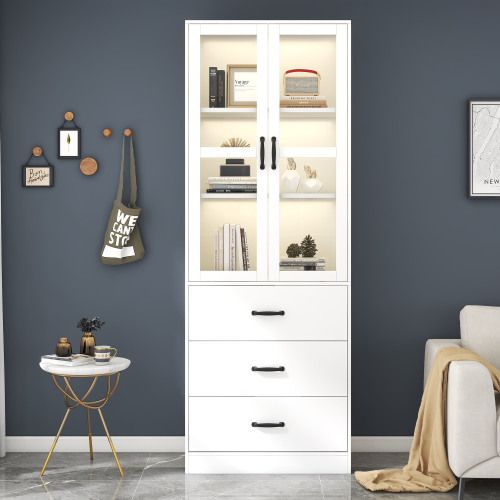 Vitrine Blanche 200 Cm Avec Tiroirs, Étagères Ajustables, Portes Vitrées, LED